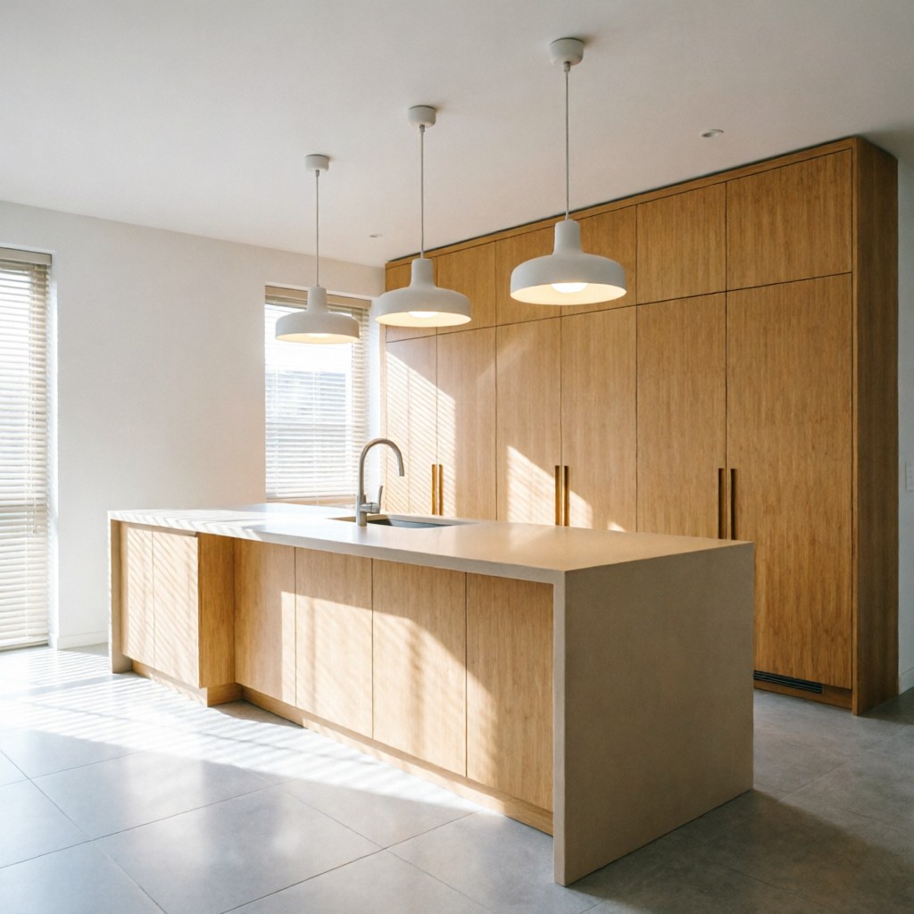 modern kitchen cabinetry constructed fro Modern kitchen cabinetry constructed from stable bamboo core panels demonstrating large-format application