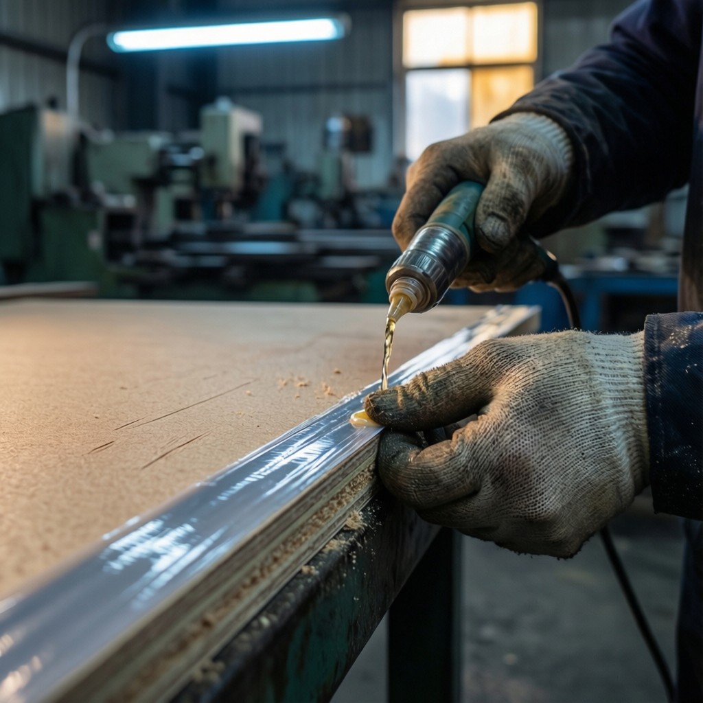 precision application of edge banding on Precision application of edge banding on engineered wood panel in manufacturing facility