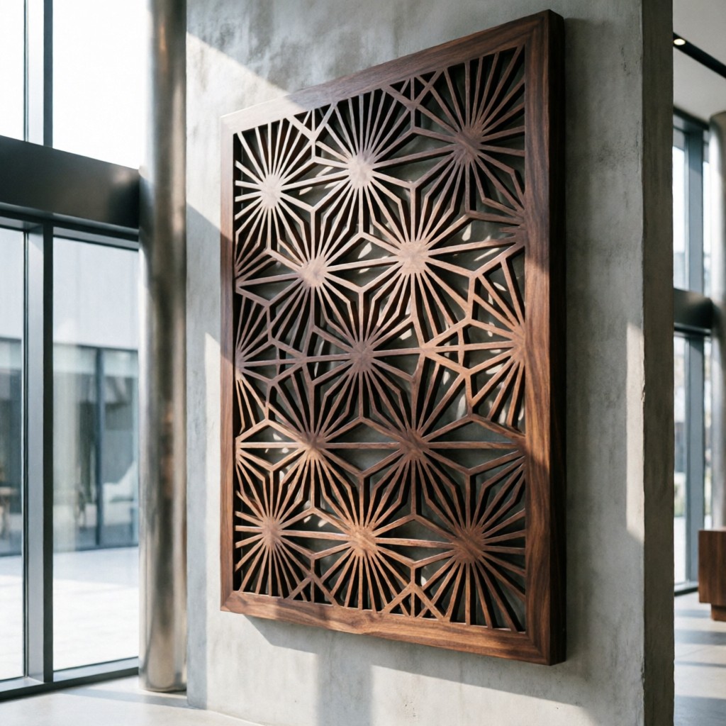 Precision laser-cut wood panel with clean edges in commercial interior