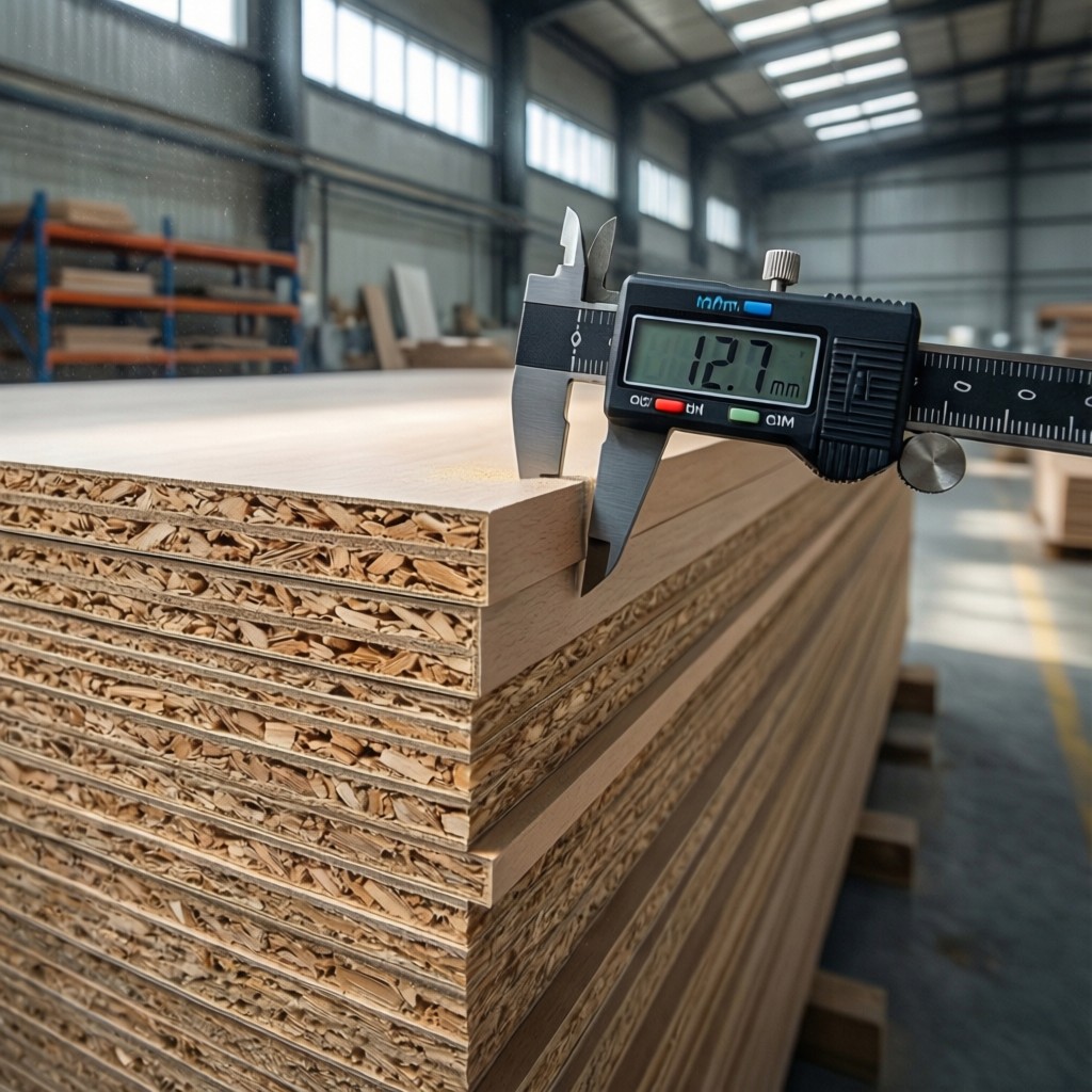 Precision MDF and HDF panels measured with calipers for quality control compliance
