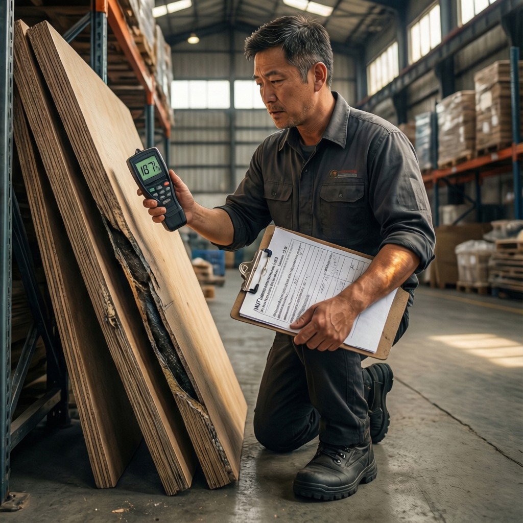 Procurement manager inspecting defective MDF panels with moisture meter to resolve quality dispute china supplier