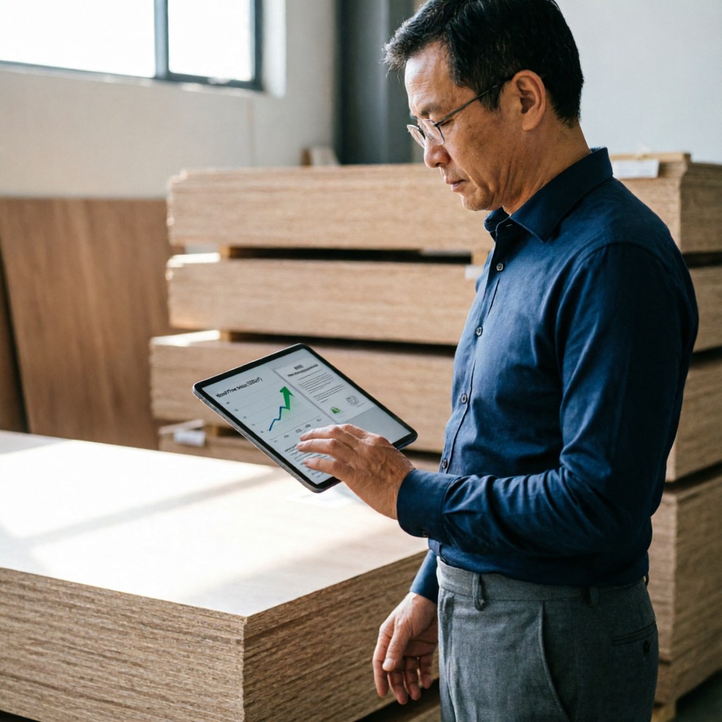 Procurement manager reviewing 2026 wood panel price forecast data and compliance docs