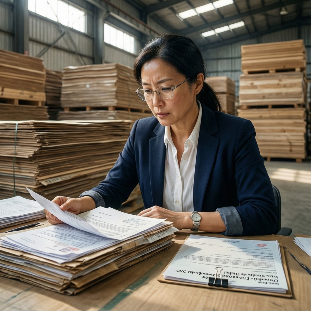 procurement manager reviewing letter of Procurement manager reviewing letter of credit payment terms documents in a timber warehouse