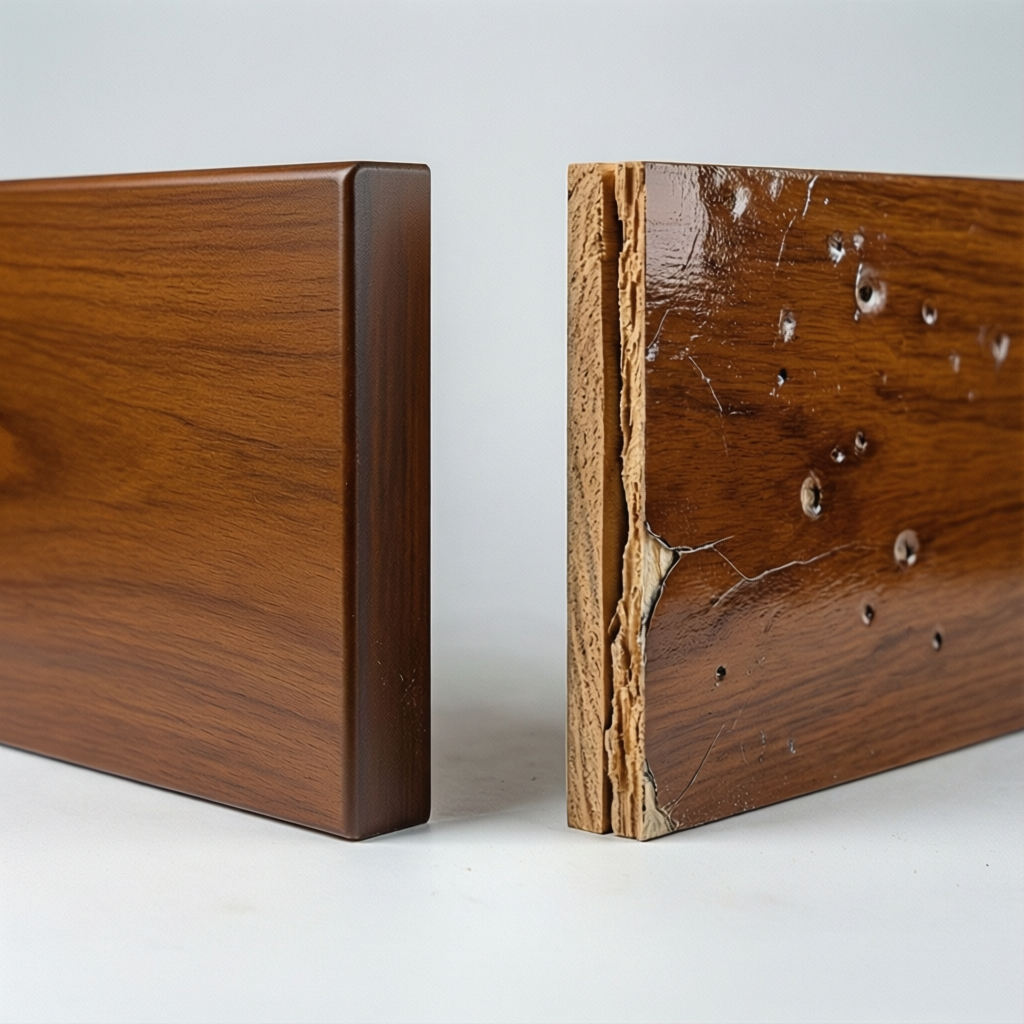 quality comparison good vs defective wood panels Side-by-side comparison of high-quality and defective engineered wood panels showing common sourcing quality issues