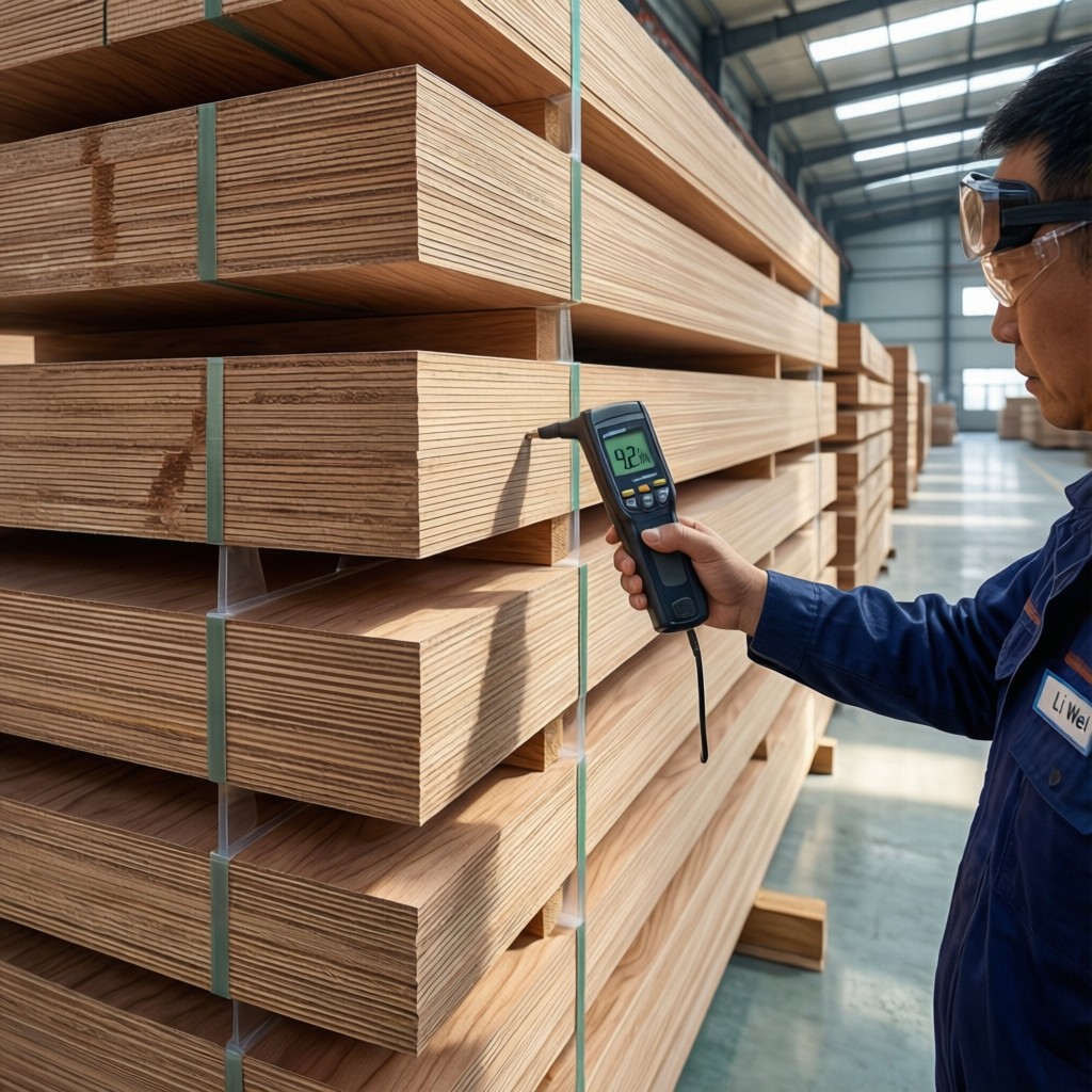 quality control inspector checking moist Quality control inspector checking moisture content on structural plywood panels in Linyi warehouse