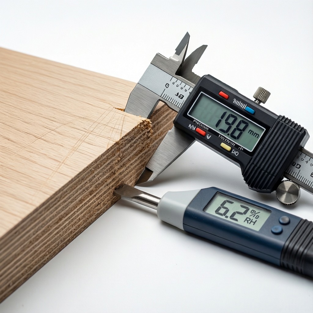 Procurement manager inspecting defective MDF panels with moisture meter to resolve quality dispute china supplier