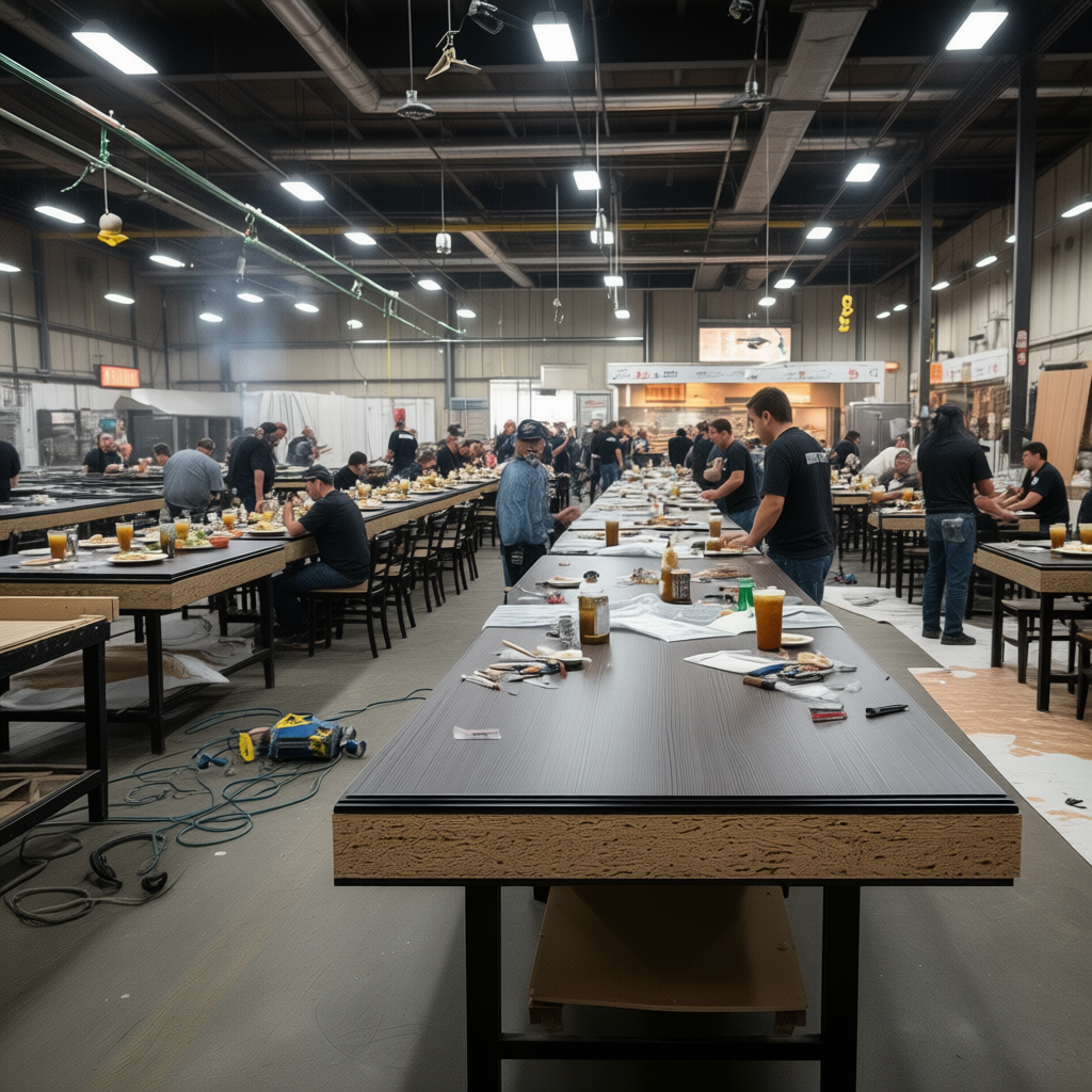 Best Panels for Restaurant Table Tops - realistic industrial scene with engineered wood products