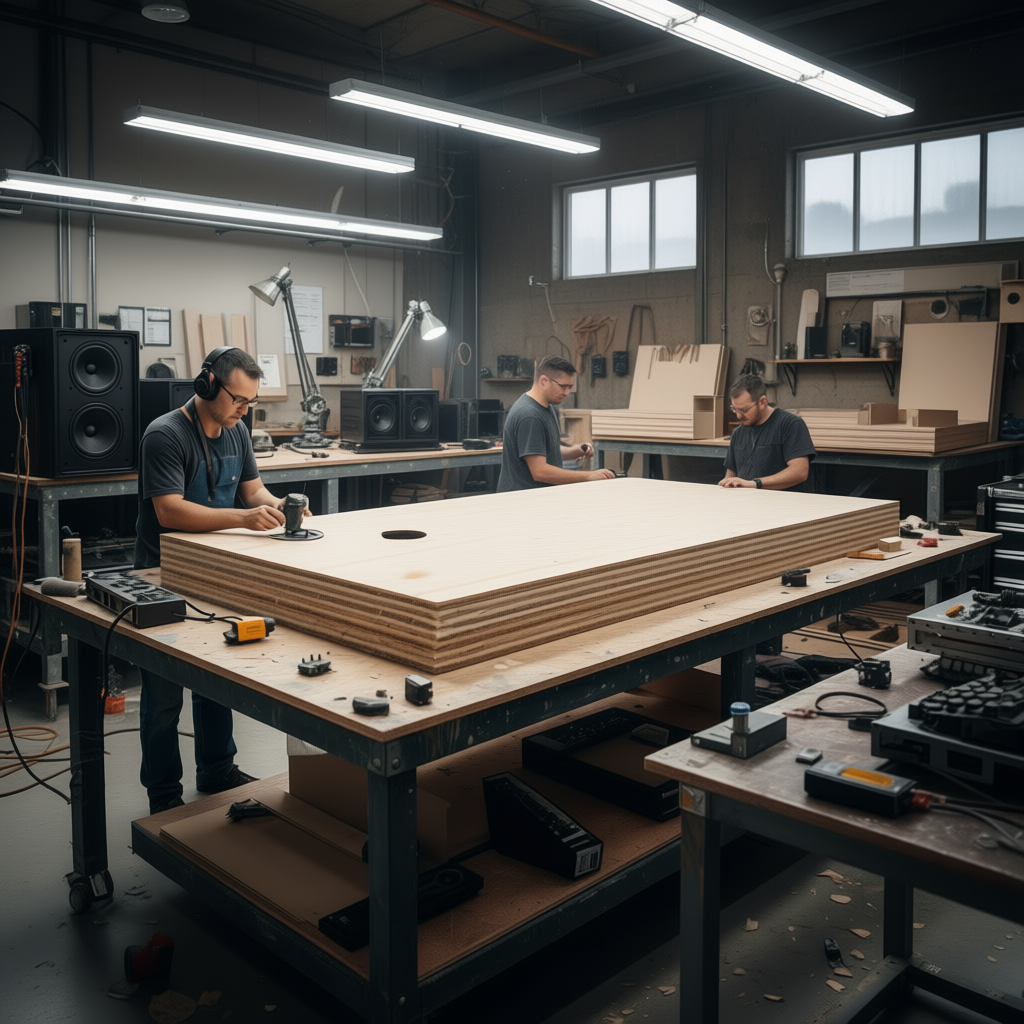 Best Plywood for DIY High-End Speaker Enclosures - realistic industrial scene with engineered wood products