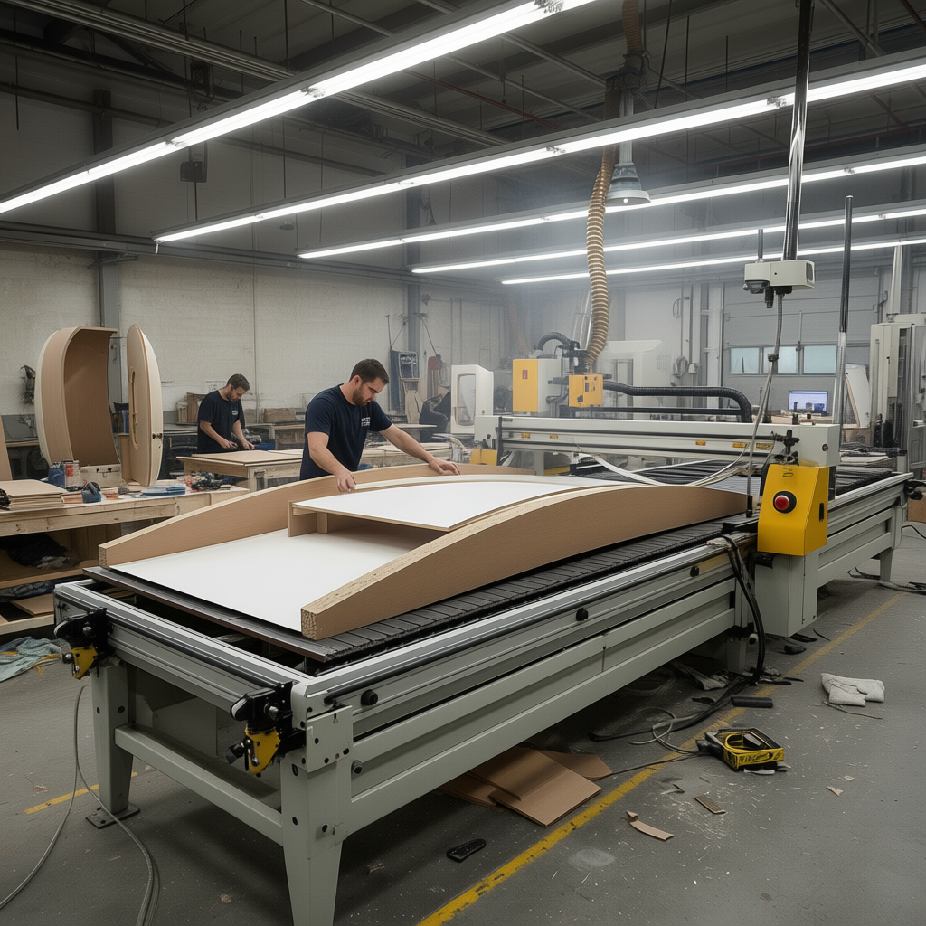 Choosing the Right Core for Curved Cabinet Doors - realistic industrial scene with engineered wood products