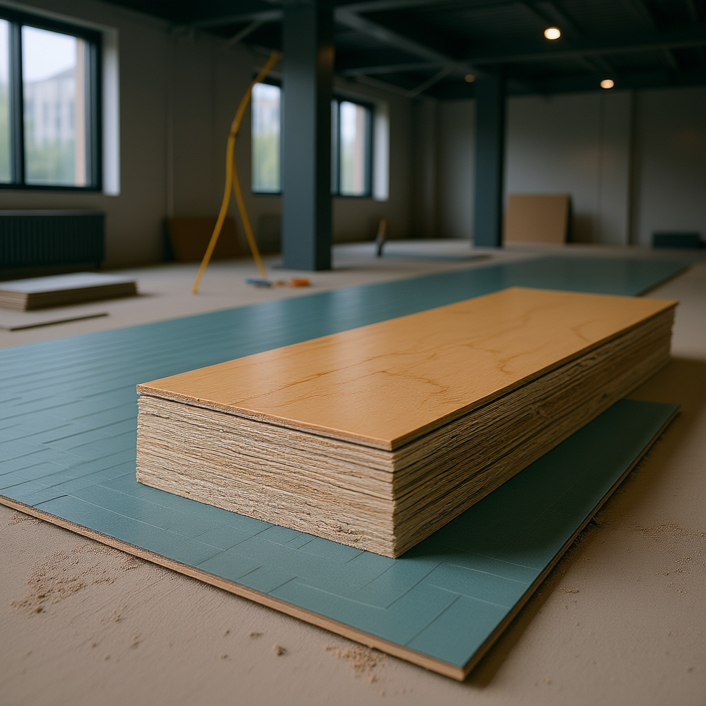 Flooring Underlayment: Protecting Your Investment - realistic industrial scene with engineered wood products
