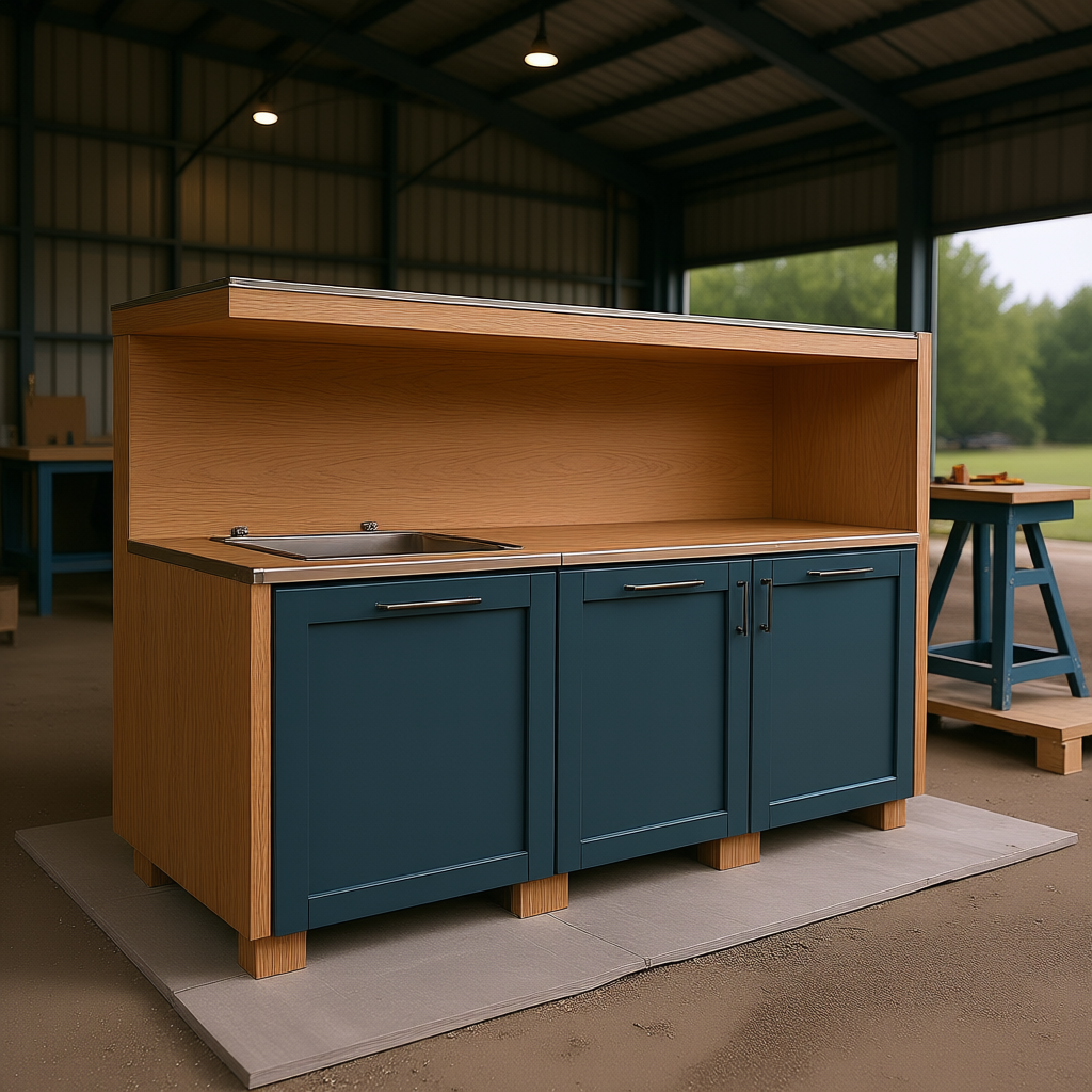 Marine Plywood for Outdoor Kitchens: A Survival Guide - realistic industrial scene with engineered wood products