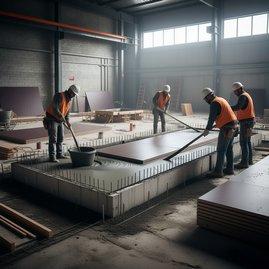Plywood Grades for Concrete Shuttering - realistic industrial scene with engineered wood products