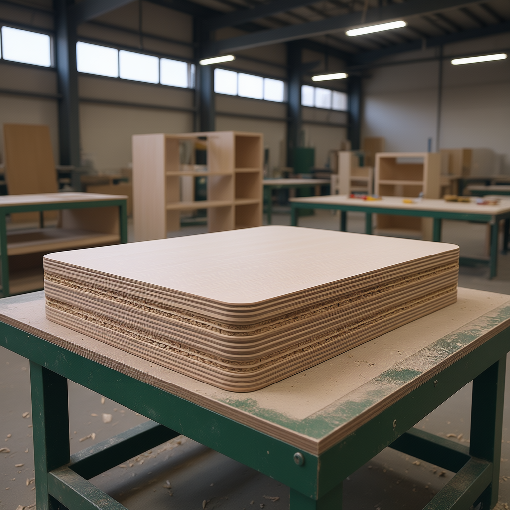 Plywood Solutions for Children's Furniture - realistic industrial scene with engineered wood products