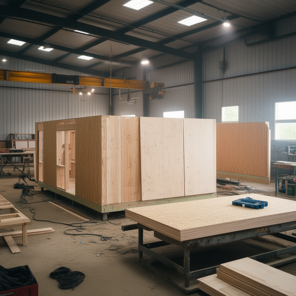 Structural Plywood for Prefabricated Tiny Home Walls - realistic industrial scene with engineered wood products