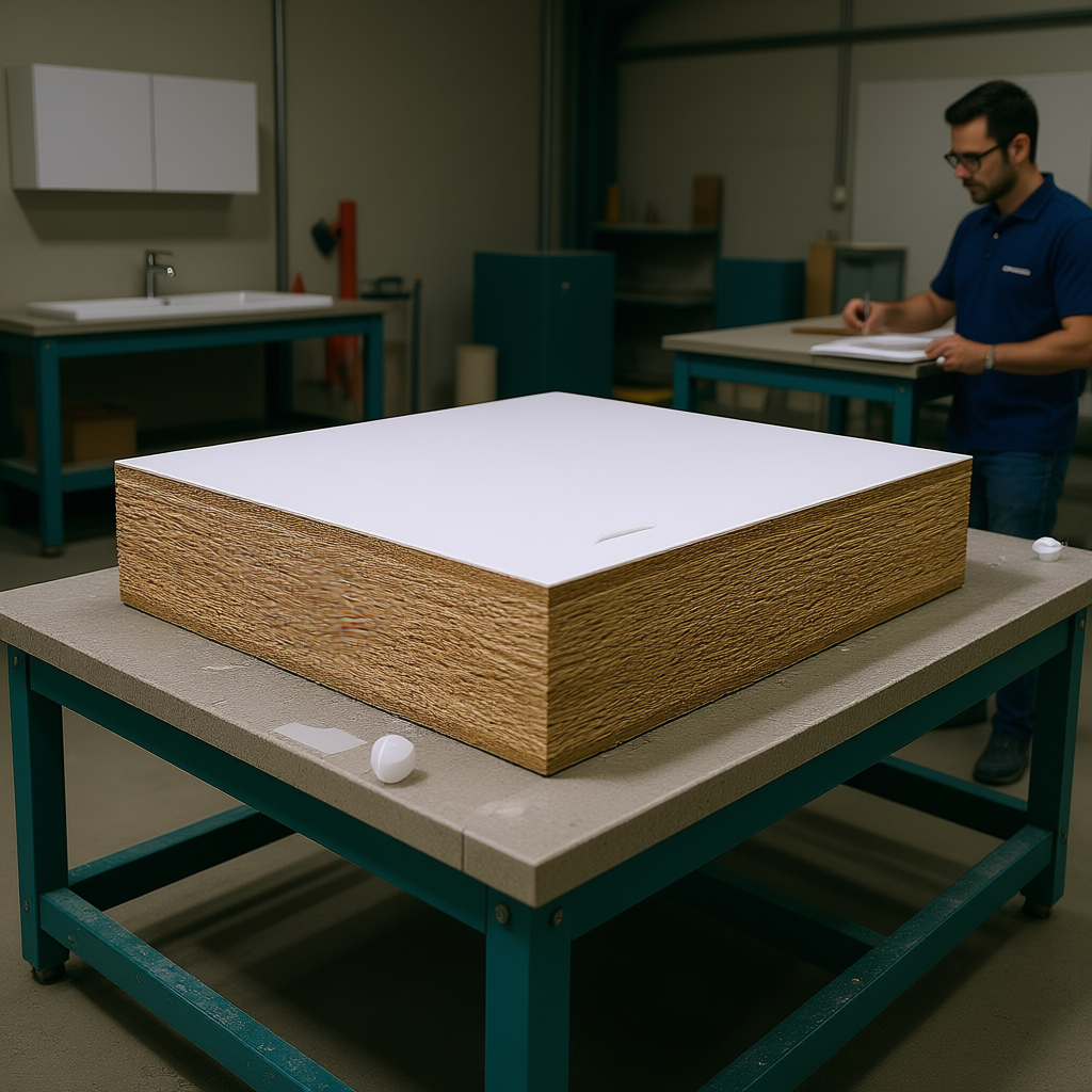 Waterproof Solutions for Bathroom Vanity Manufacturing - realistic industrial scene with engineered wood products