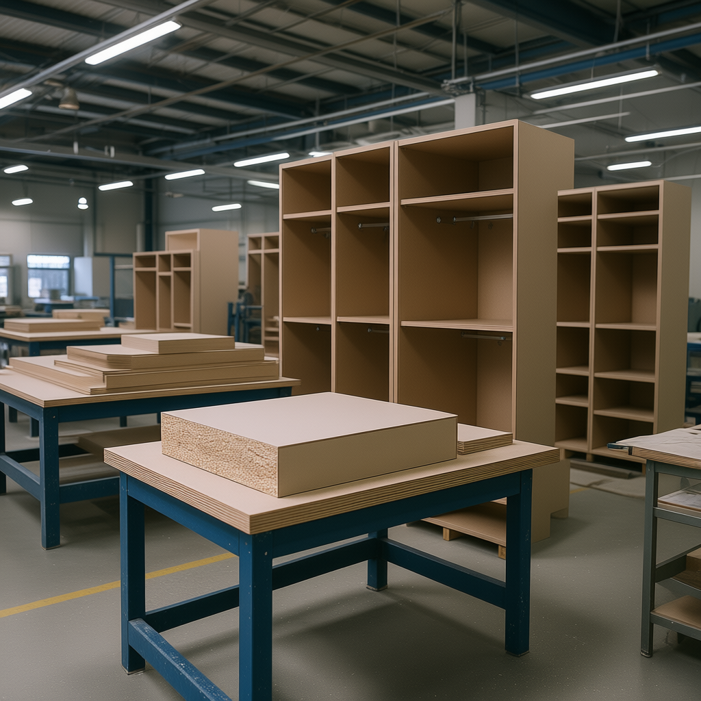 Why Particleboard is Ideal for Closet Organizers - realistic industrial scene with engineered wood products