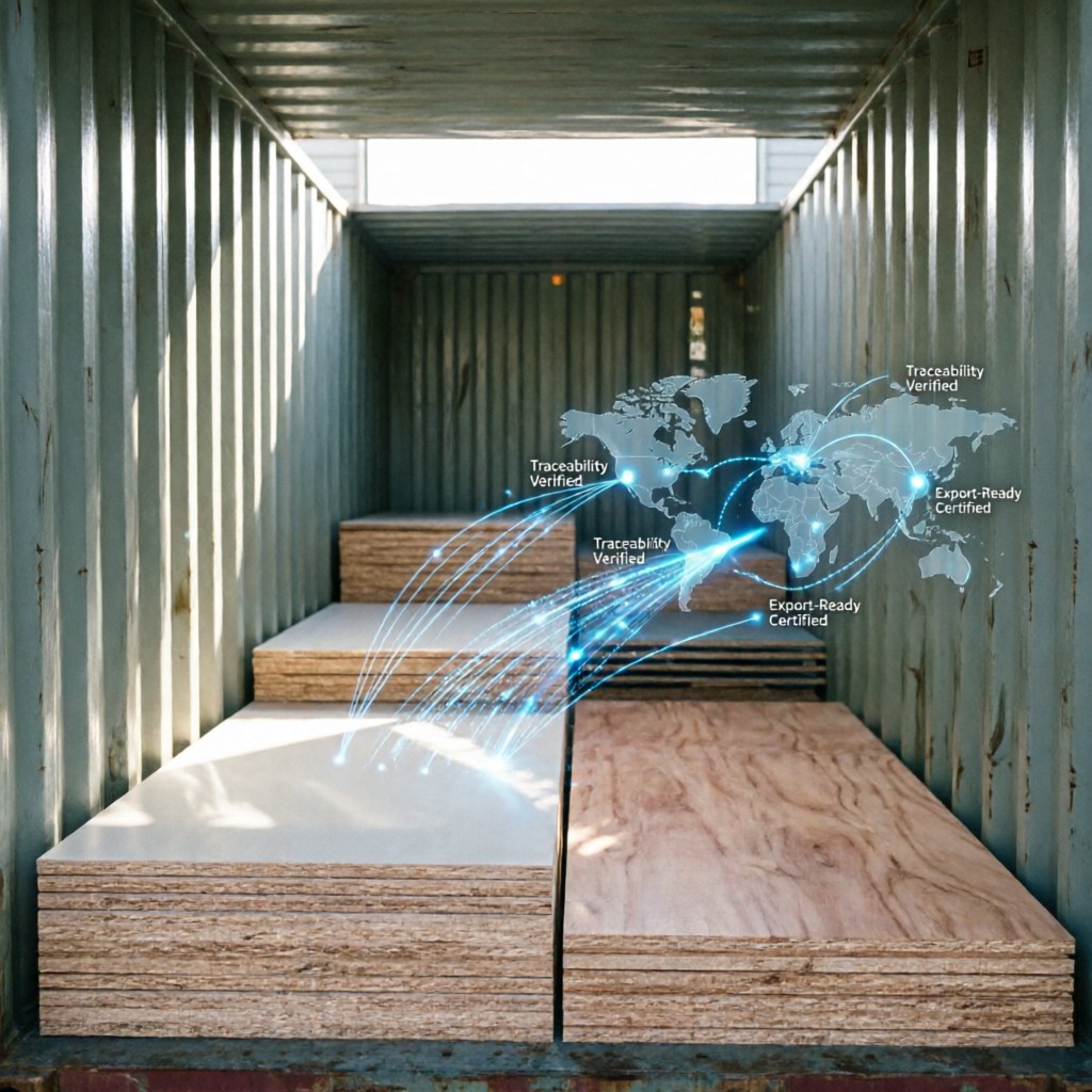 shipping container loaded with yicaiyigo Shipping container loaded with Yicaiyigou wood panels featuring digital traceability overlays