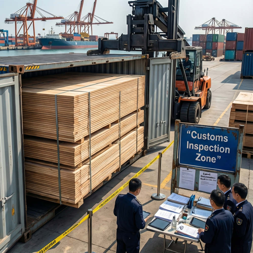 sourcing pitfalls wood import port inspection Shipping container loading engineered wood panels for export at a Chinese port with customs documentation