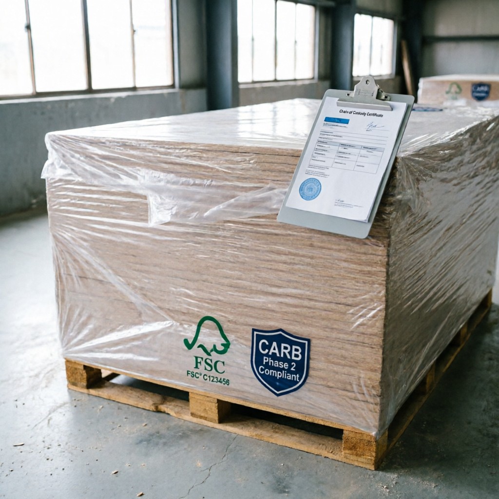 stacked fsc certified mdf panels with ch Stacked FSC-certified MDF panels with Chain of Custody documentation in warehouse