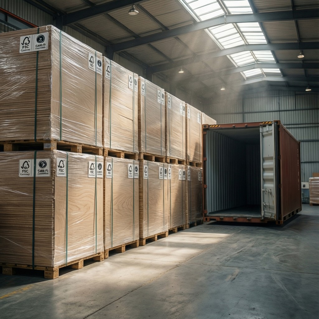 stacked fsc certified precision mdf pane Stacked FSC-certified Precision MDF panels prepared for international export