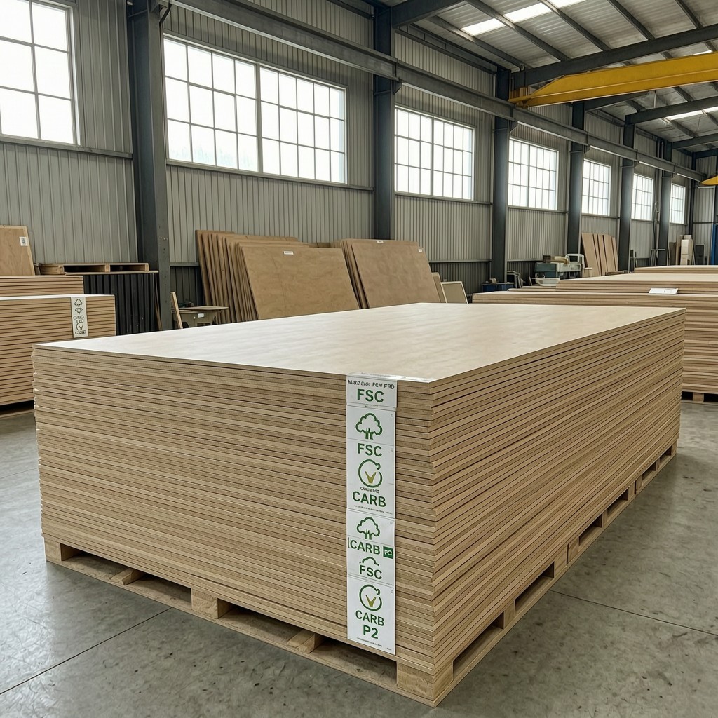 Stacked melamine-faced MDF panels with FSC and CARB P2 labels in warehouse