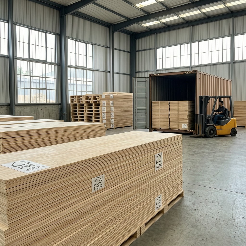 Stacks of FSC-certified 1.2mm plywood sheets ready for shipping in a 20ft container