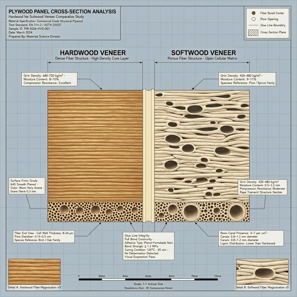 Technical cross-section comparison of hardwood and softwood veneer structures