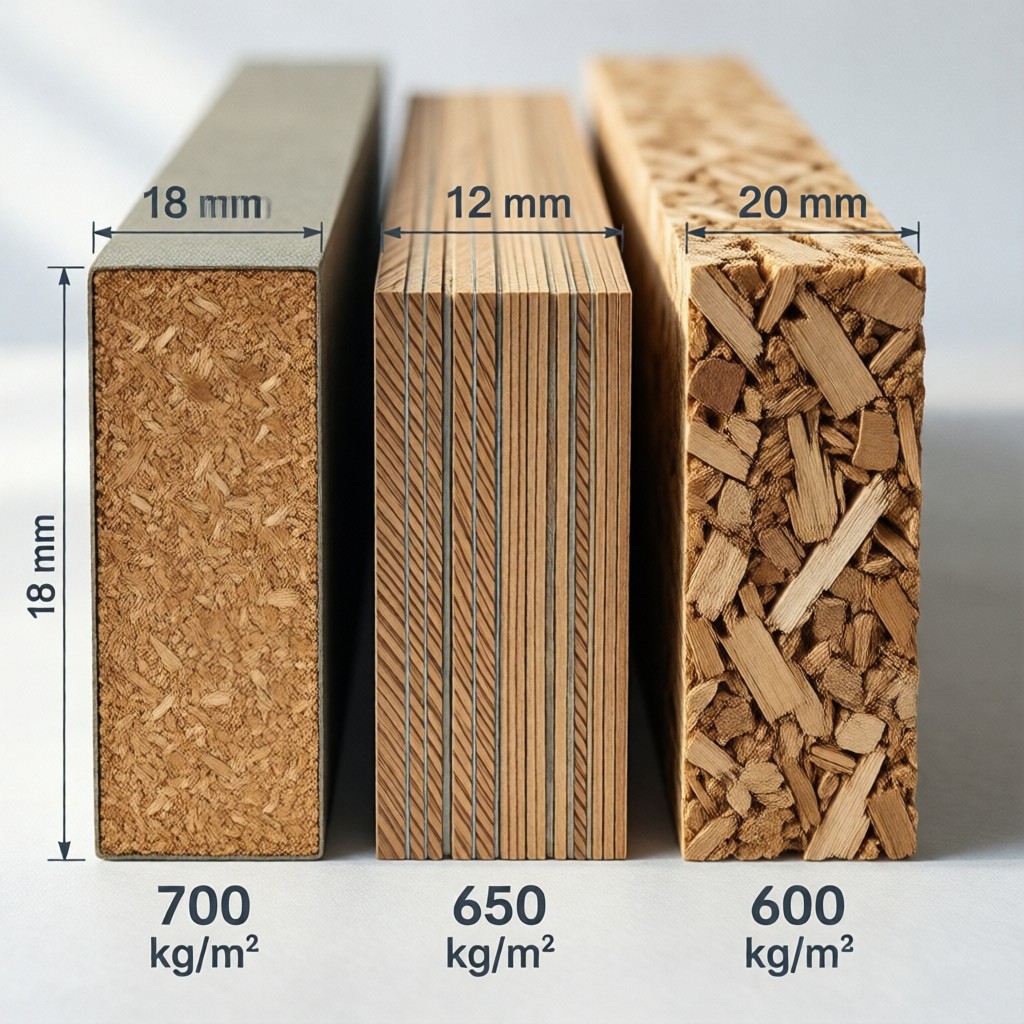 Technical cross-section comparison of MDF, Plywood, and Particleboard substrates