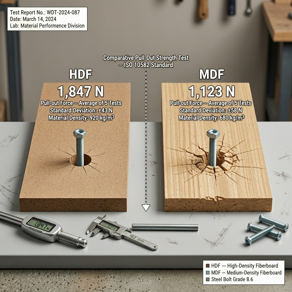technical diagram comparing screw holdin Technical diagram comparing screw holding power in HDF vs MDF