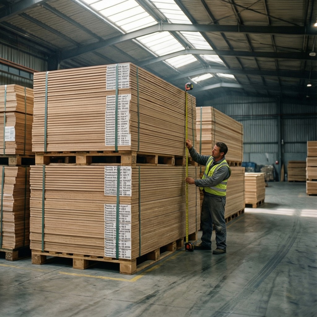 warehouse stacks of precision mdf and pl Warehouse stacks of Precision MDF and Plywood being measured for height compliance during remote inspection