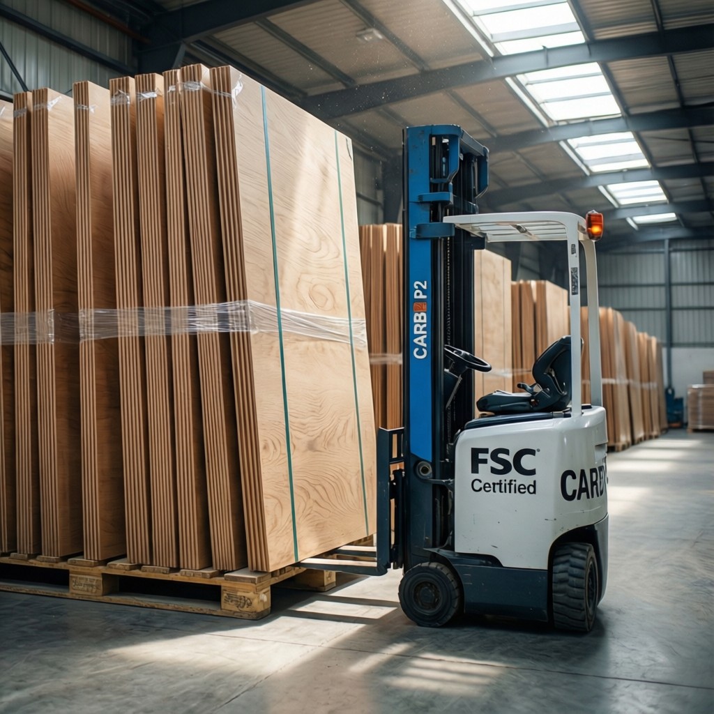 warehouse storage of fsc certified acous Warehouse storage of FSC certified acoustic plywood panels ready for export