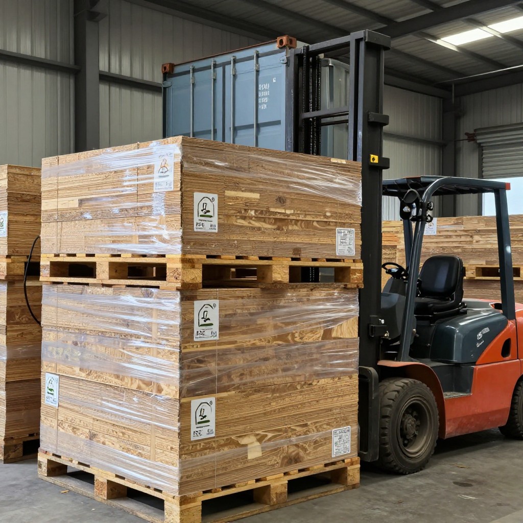 yicaiyigou fsc certified mdf panels bein Yicaiyigou FSC-certified MDF panels being loaded for export in 20ft container