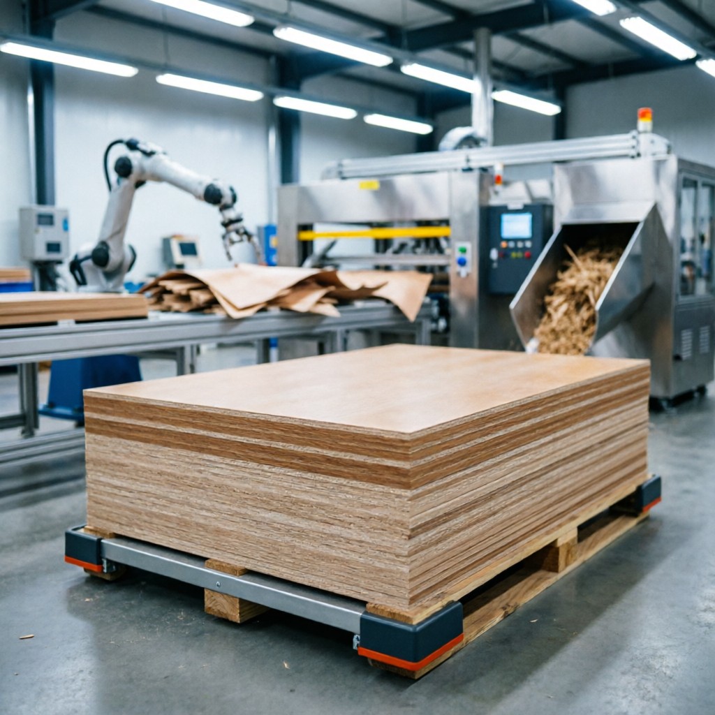 Zero waste manufacturing Linyi factories showing automated veneer splicing and biomass conversion