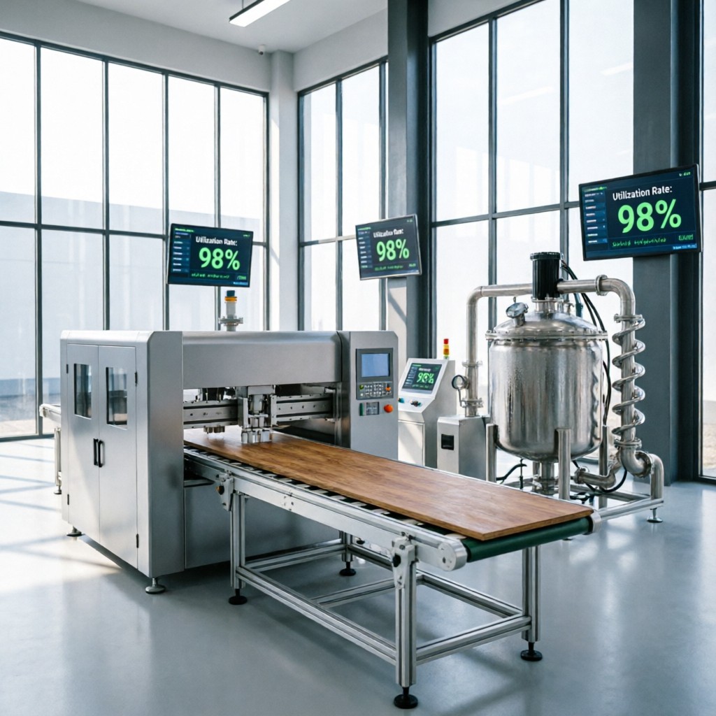 Zero waste manufacturing Linyi factories showing automated veneer splicing and biomass conversion